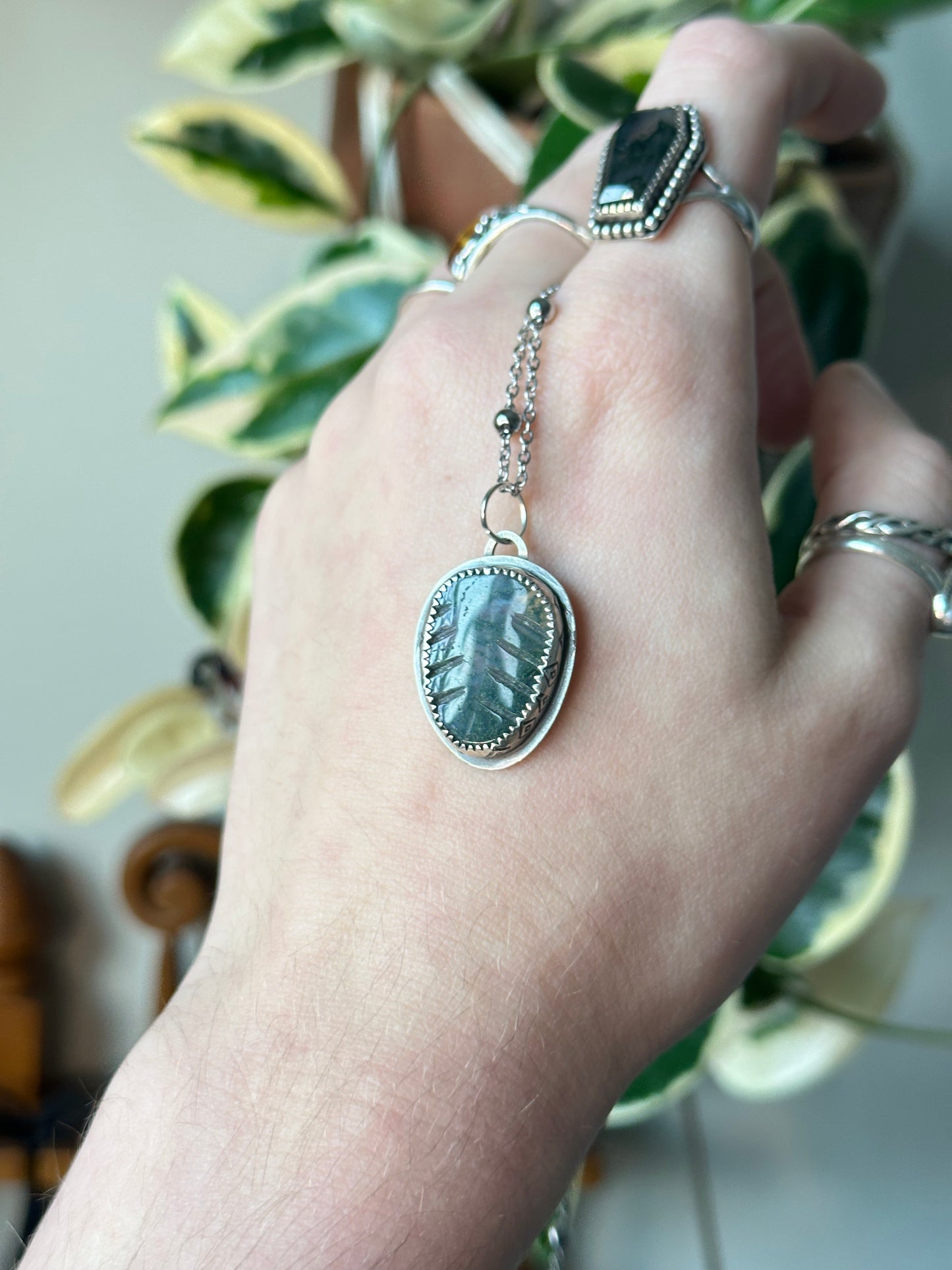 Moss Agate Leaf Pendant in Sterling Silver