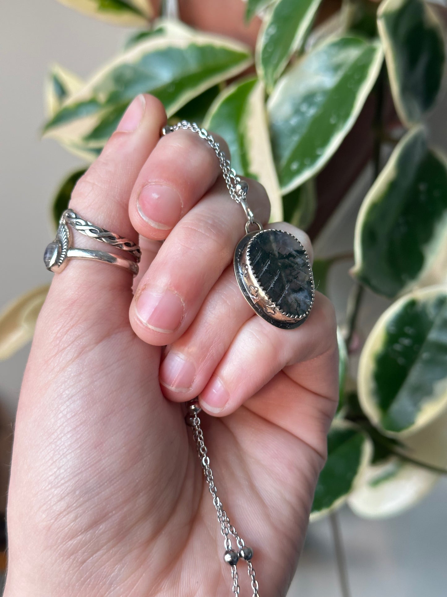 Moss Agate Pendant in Sterling Silver