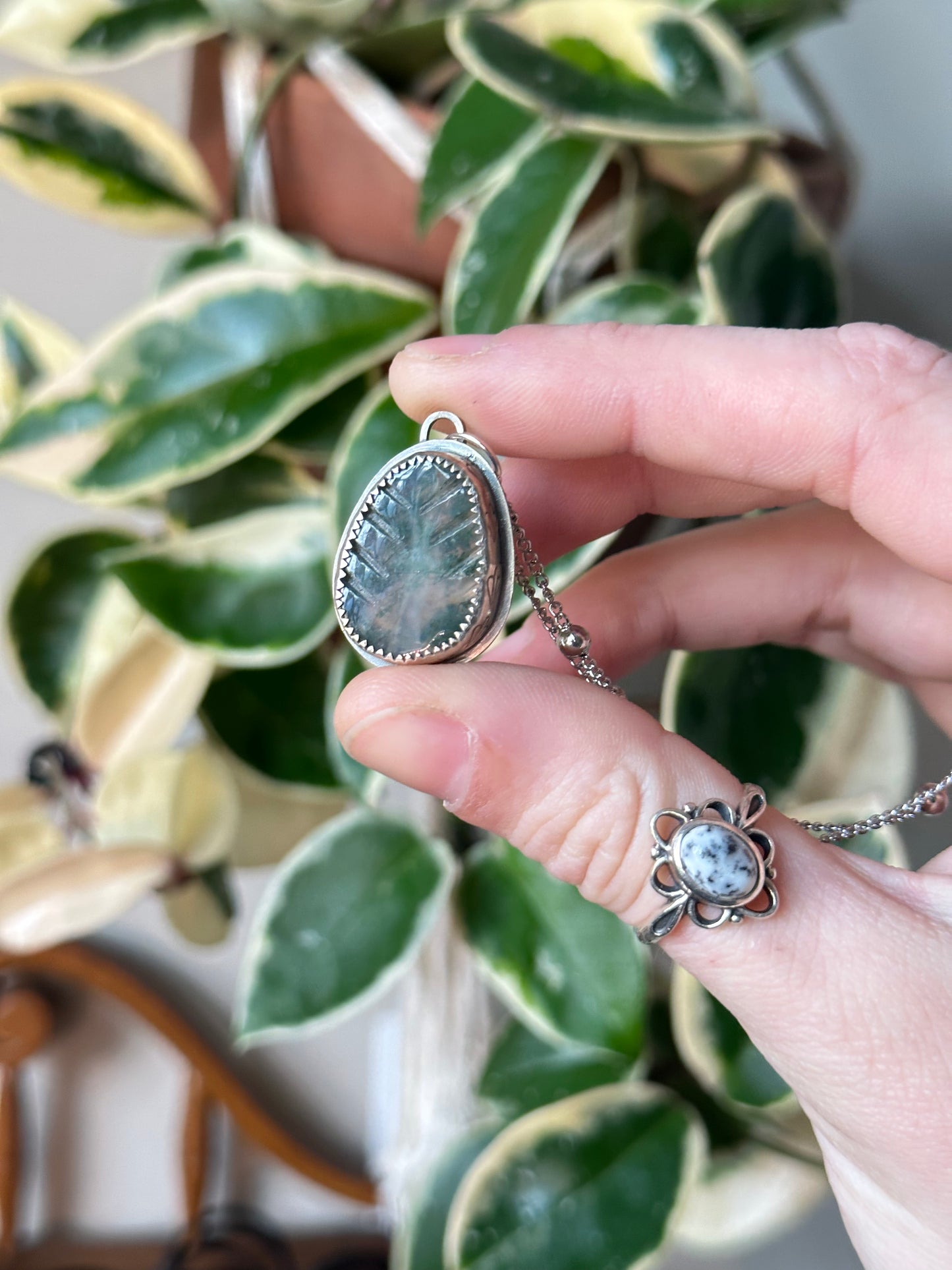 Moss Agate Leaf Pendant in Sterling Silver