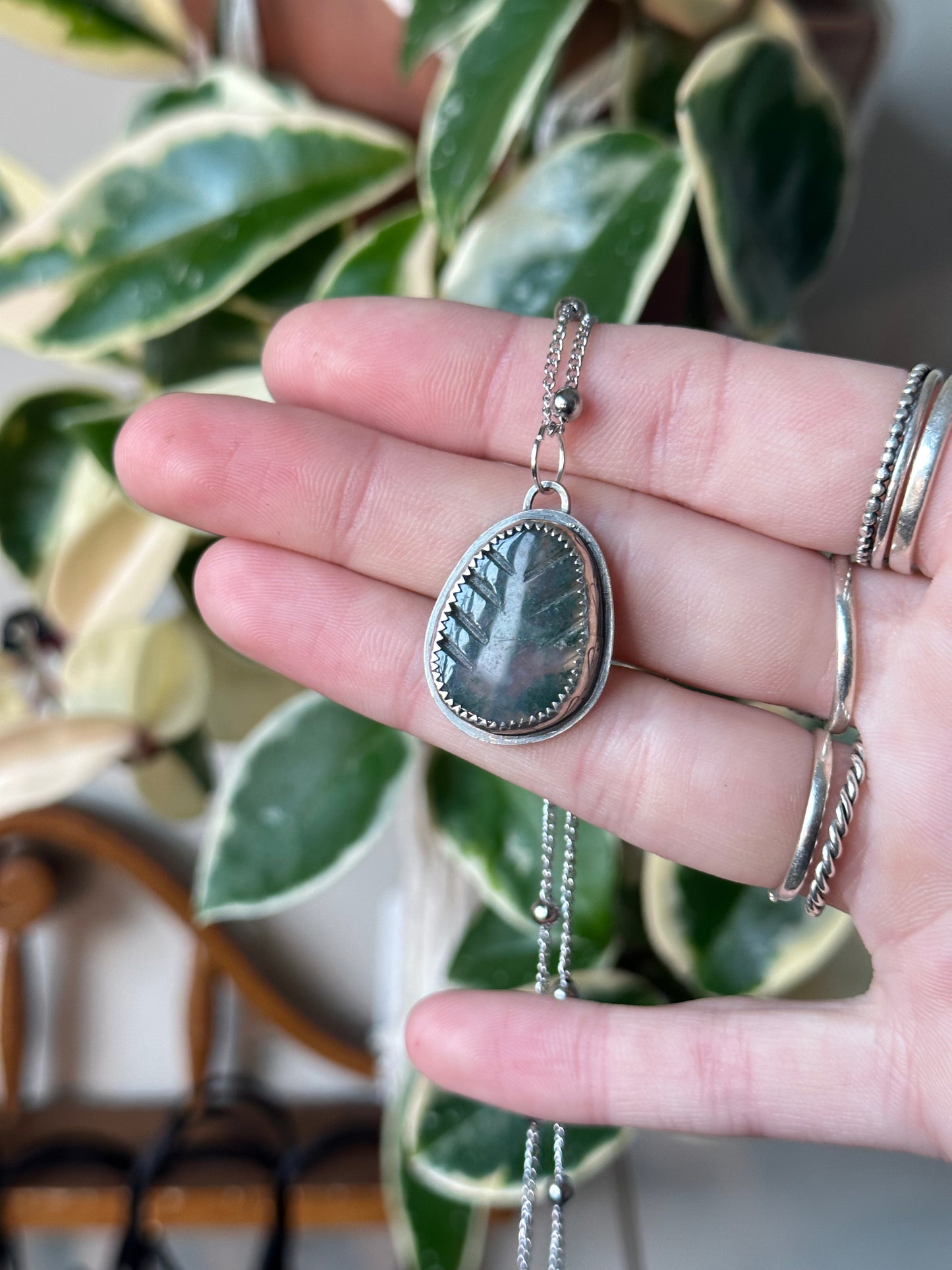 Moss Agate Leaf Pendant in Sterling Silver