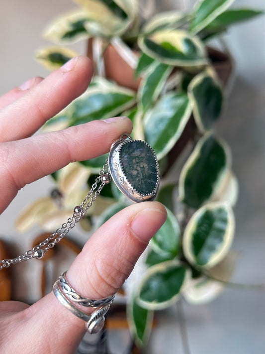 Moss Agate Leaf Pendant in Sterling Silver