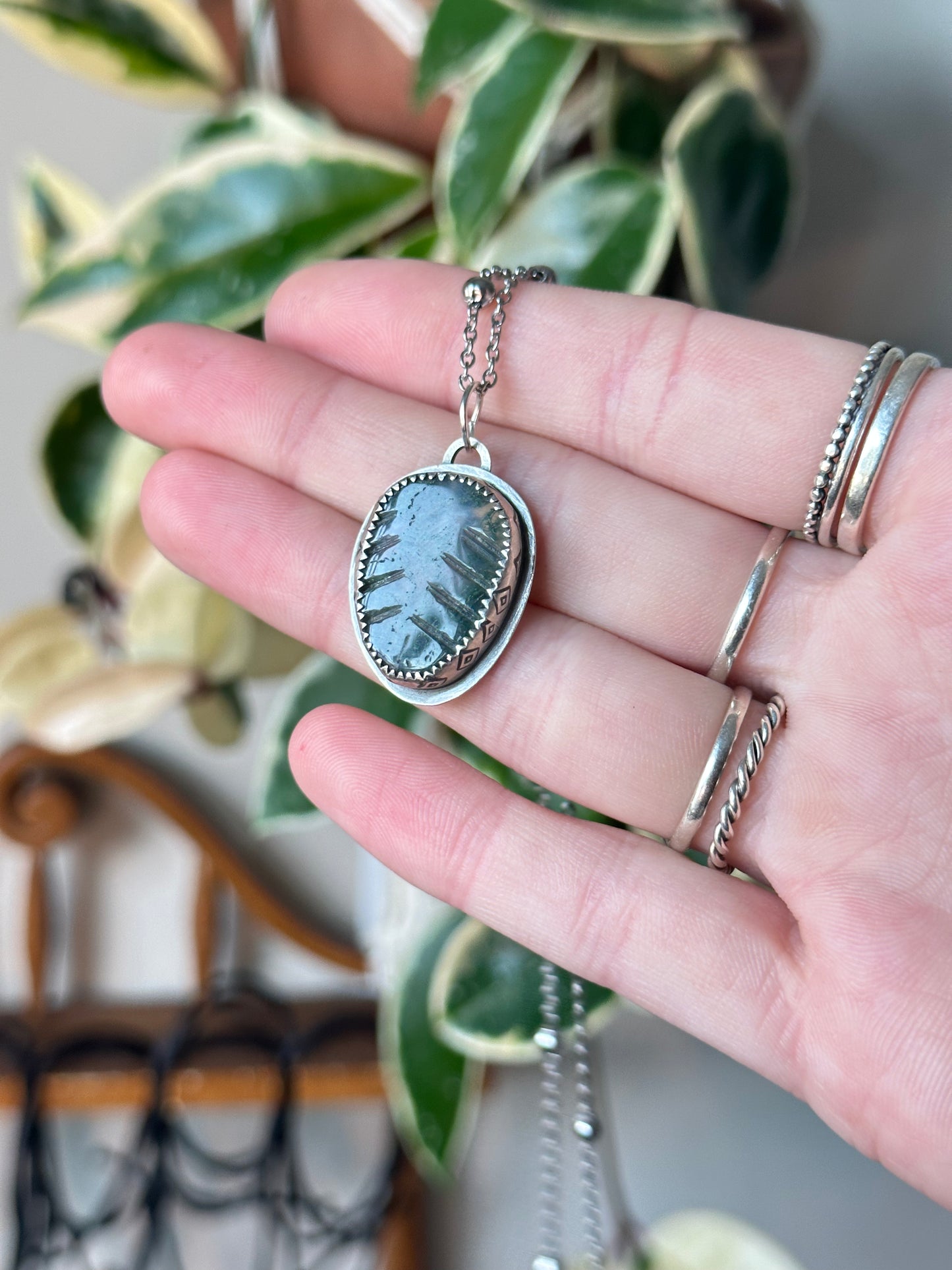 Moss Agate Leaf Pendant in Sterling Silver