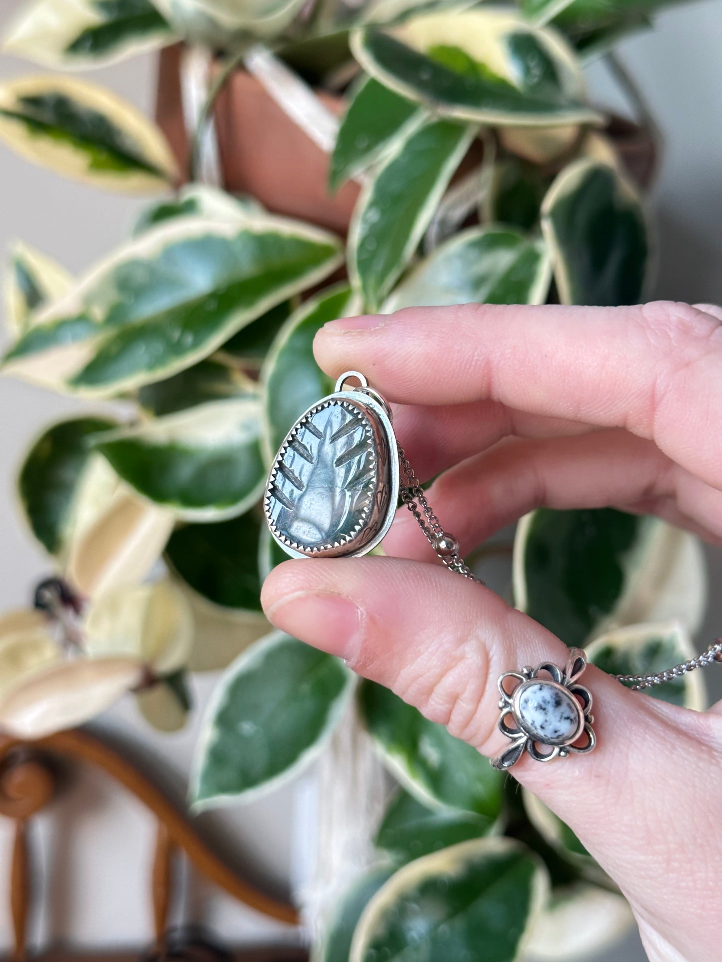 Moss Agate Leaf Pendant in Sterling Silver