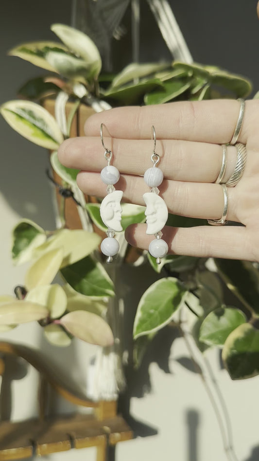 Blue Lace Agate Moon Earrings